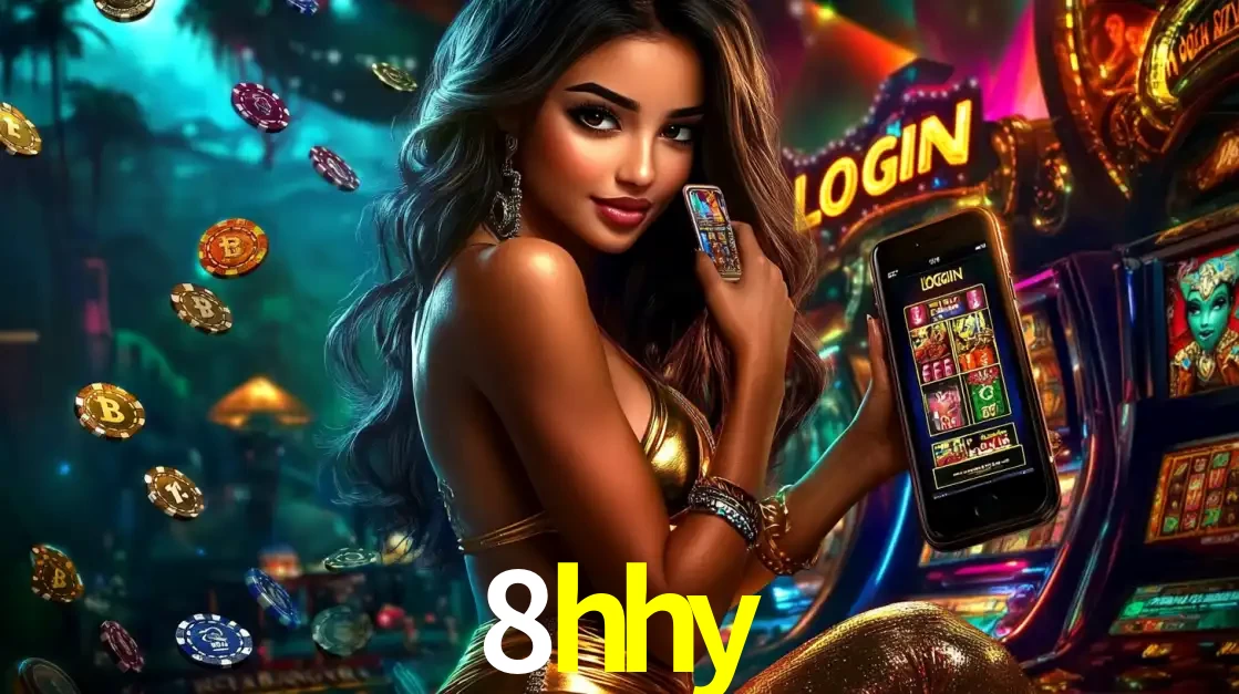 Mulher em um cenário de cassino temático de aventura, mostrando o app de caça-níqueis da 8hhy no celular. Fichas de apostas flutuam ao redor.