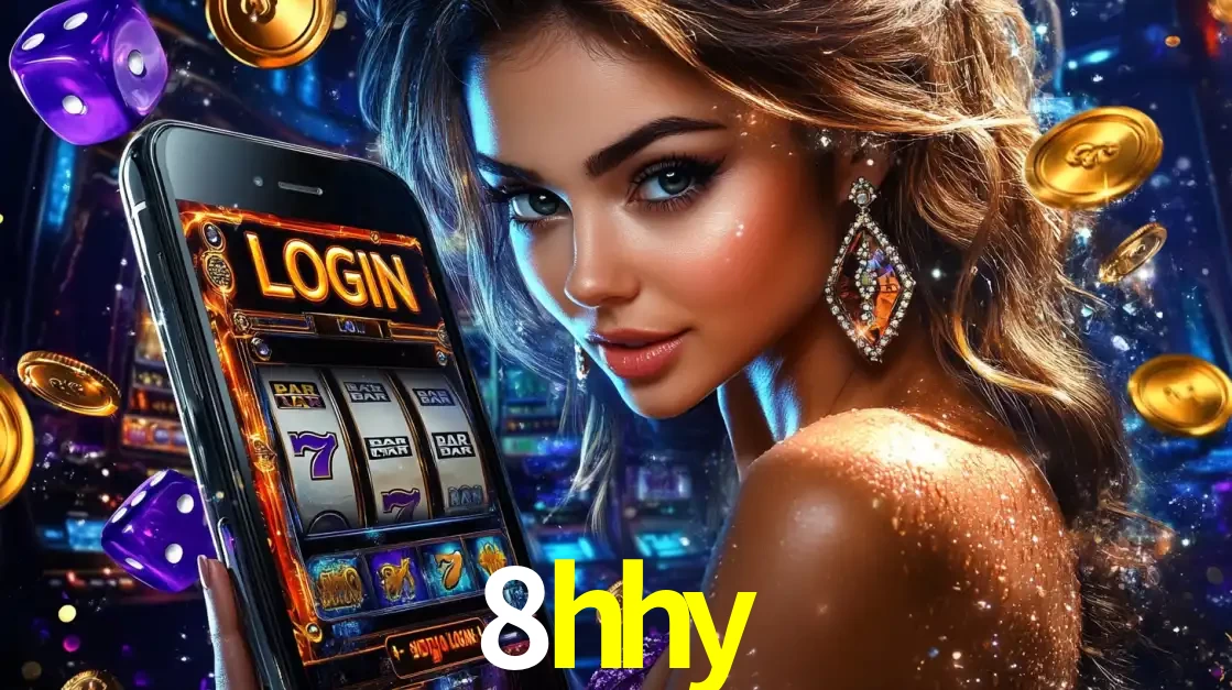 Mulher glamorosa segurando um smartphone com a tela de login para os jogos de caça-níqueis do cassino online 8hhy, com moedas de ouro e dados ao redor.
