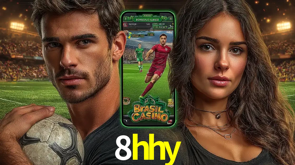 Homem segurando uma bola de futebol e uma mulher ao lado de um smartphone exibindo o jogo de apostas esportivas da 8hhy. Faça seu palpite no cassino online.